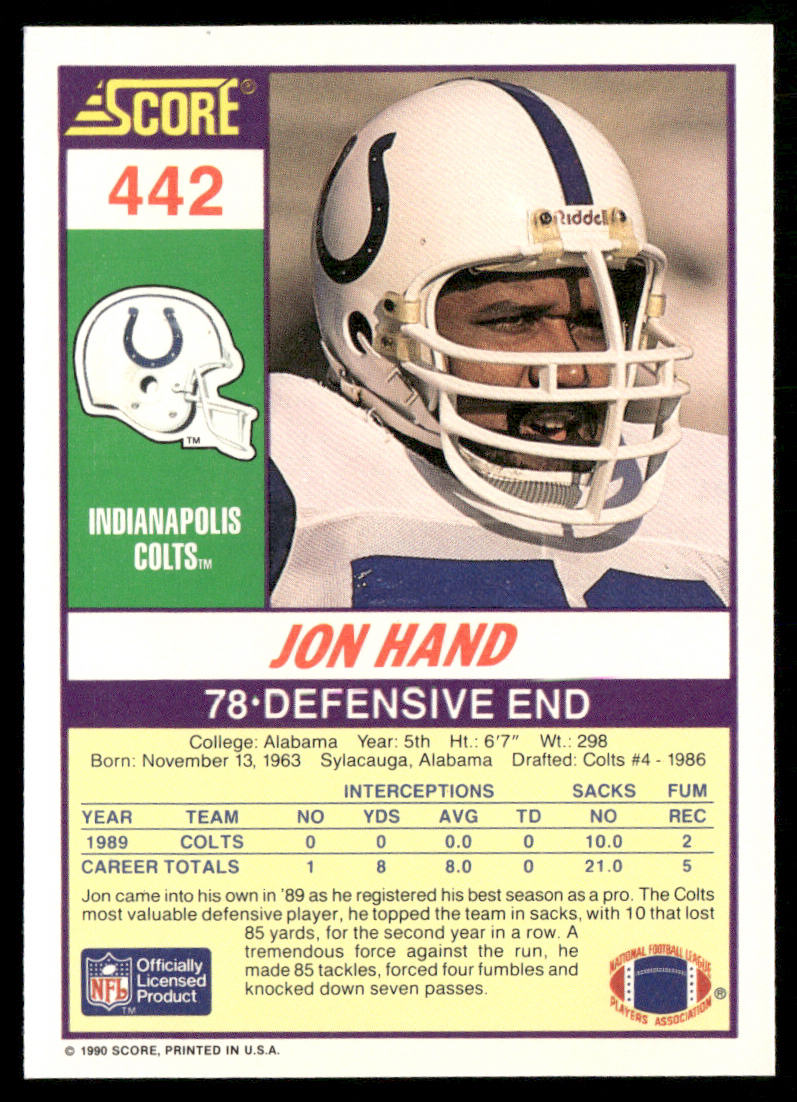 Jon Hand 1990 Score #442 Indianapolis Colts