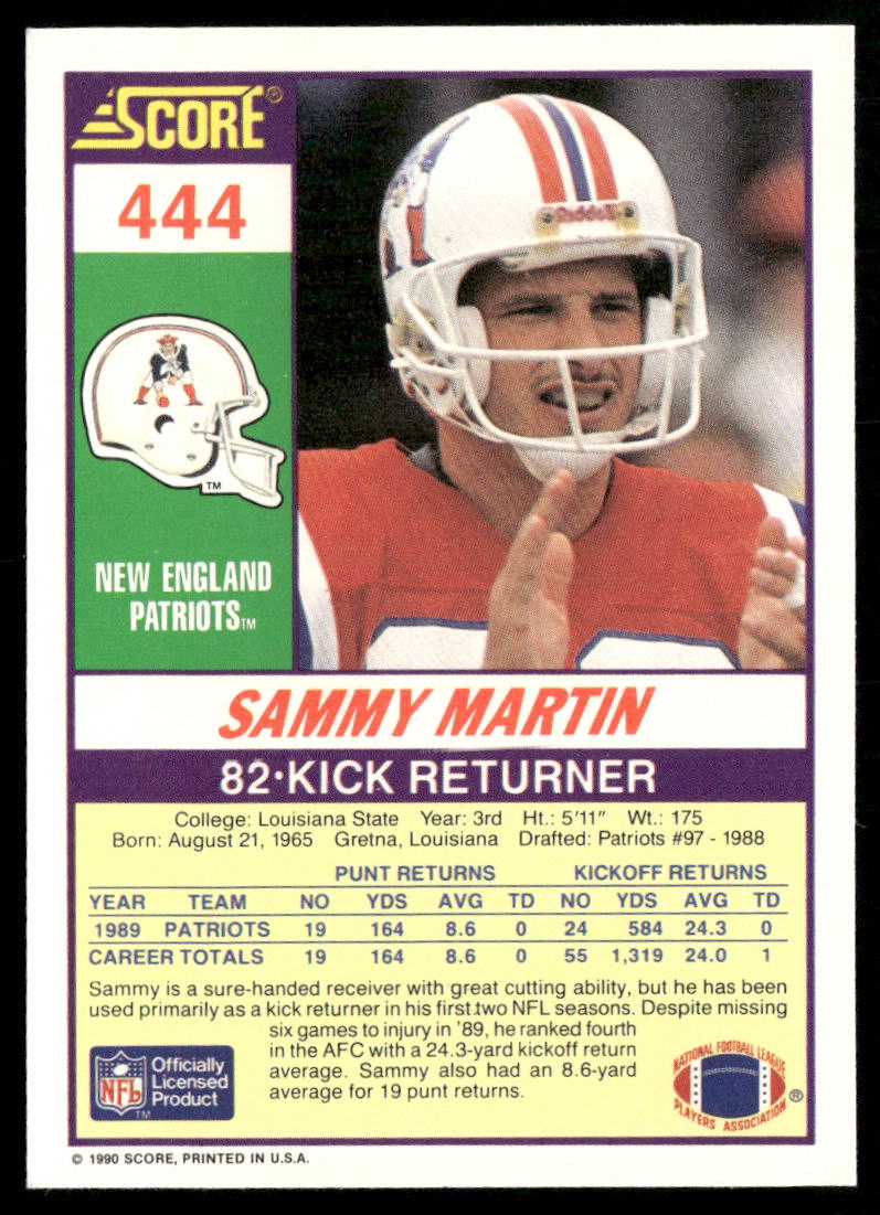 Sammy Martin 1990 Score #444 RC New England Patriots