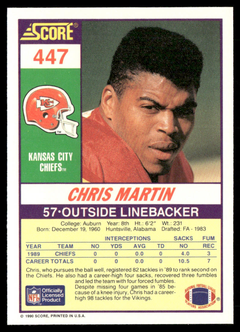 Chris Martin 1990 Score #447 RC Kansas City Chiefs