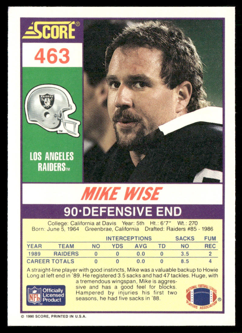 Mike Wise 1990 Score #463 Los Angeles Raiders