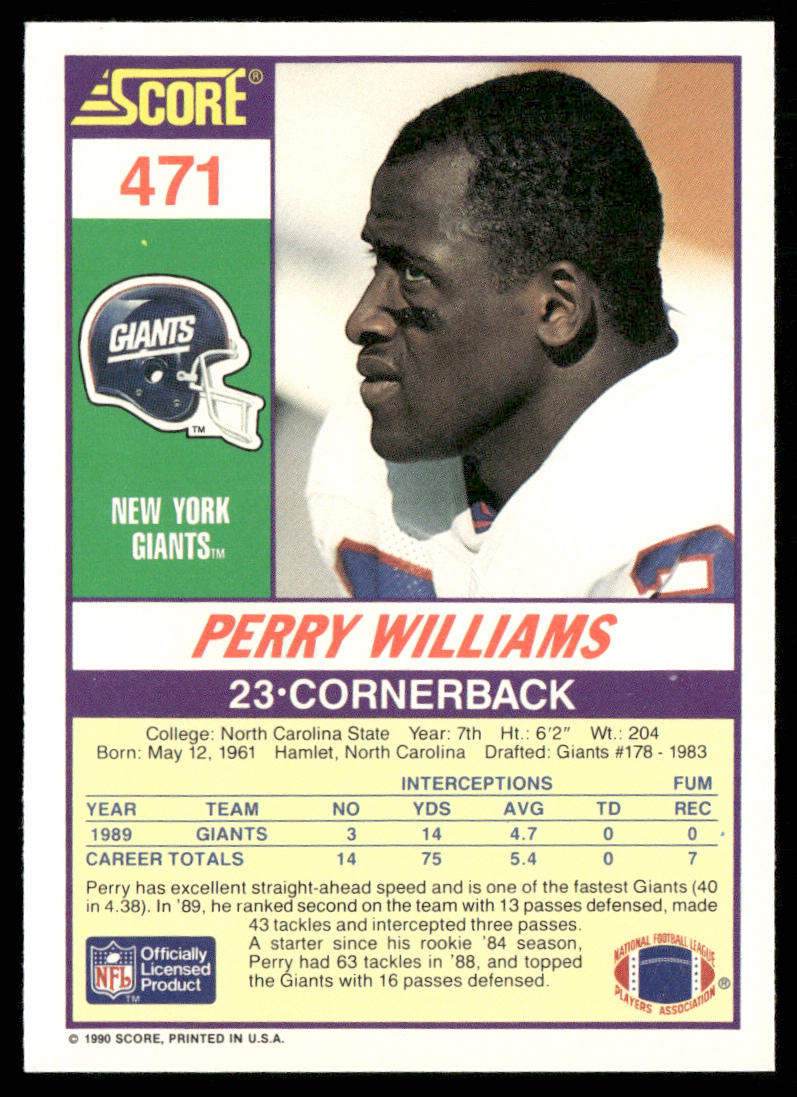 Perry Williams 1990 Score #471 New York Giants