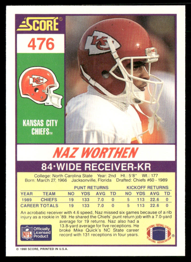 Naz Worthen 1990 Score #476 RC Kansas City Chiefs