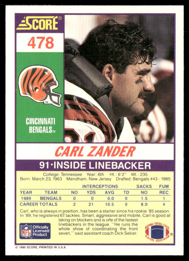 Carl Zander 1990 Score #478 Cincinnati Bengals