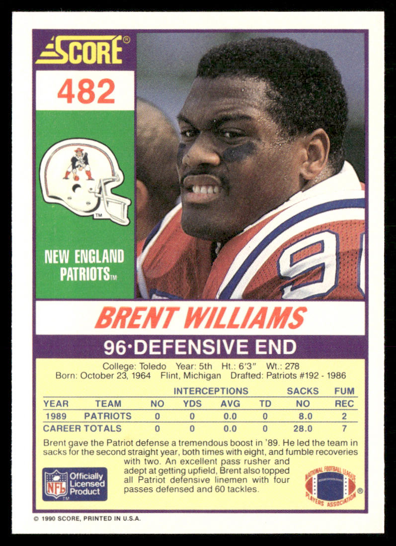 Brent Williams 1990 Score #482 New England Patriots