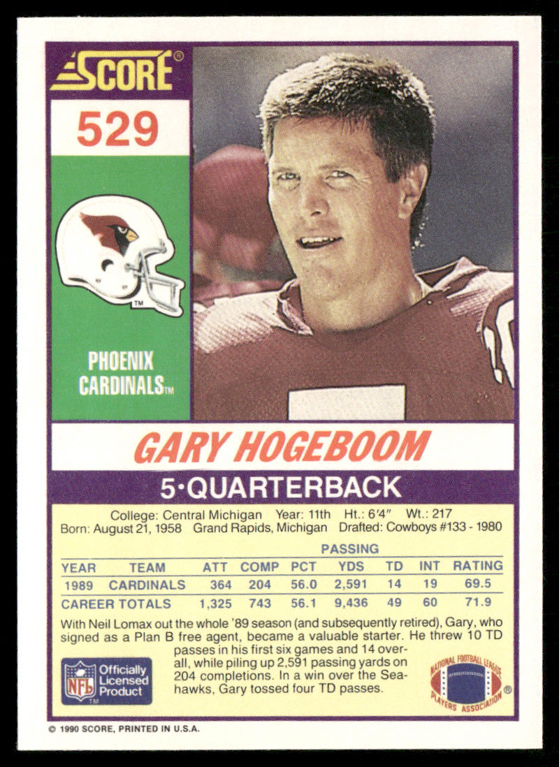Gary Hogeboom 1990 Score #529 Phoenix Cardinals