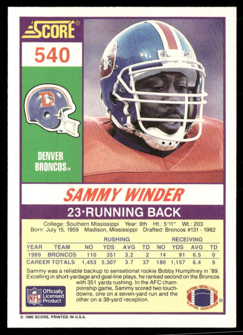 Sammy Winder 1990 Score #540 Denver Broncos