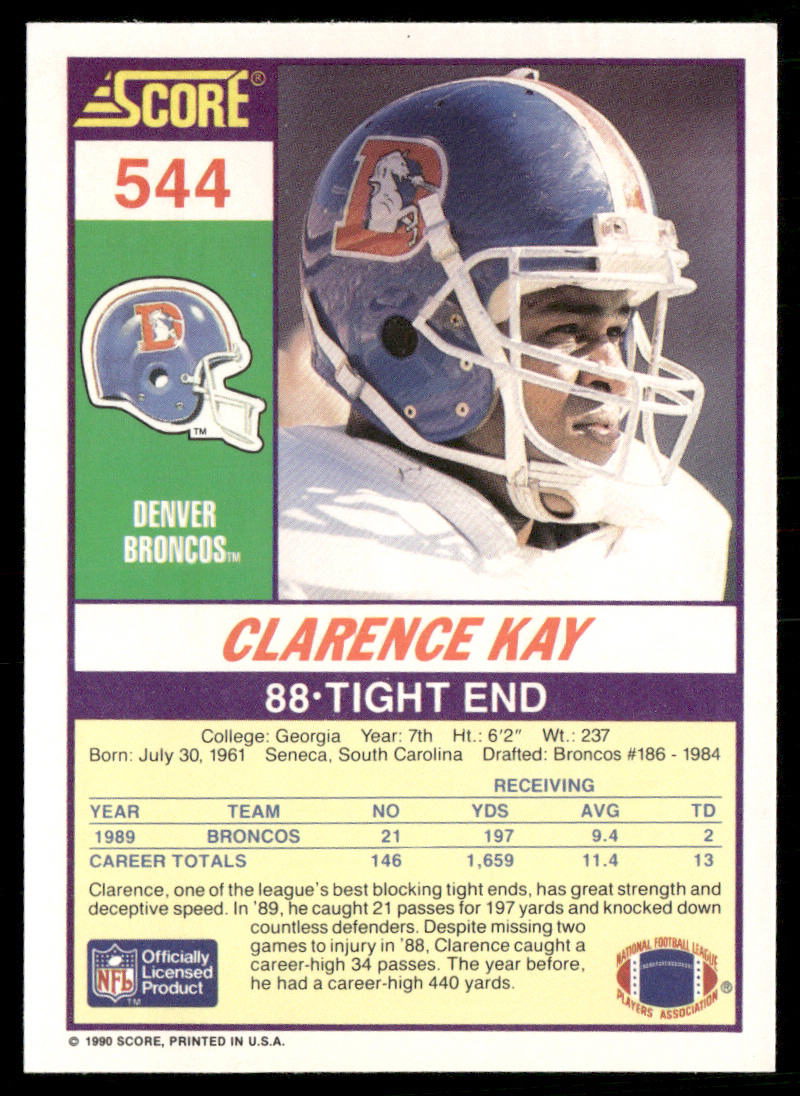 Clarence Kay 1990 Score #544 Denver Broncos