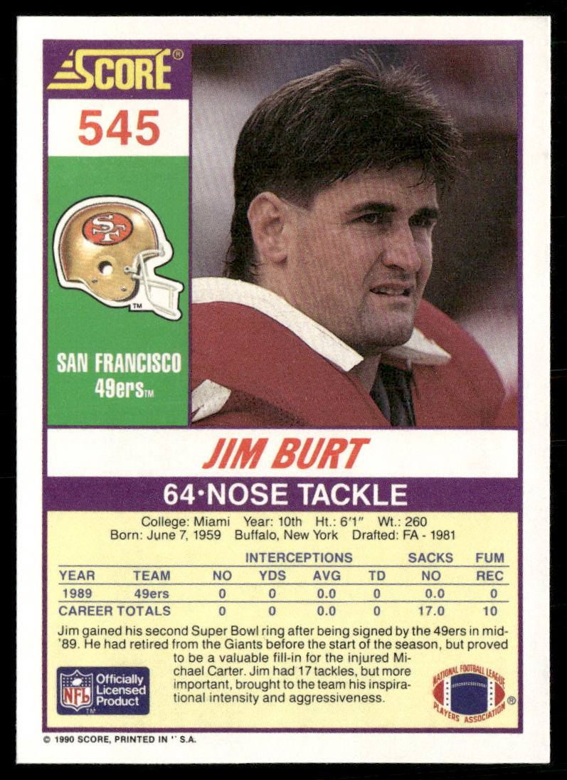 Jim Burt 1990 Score #545 San Francisco 49ers