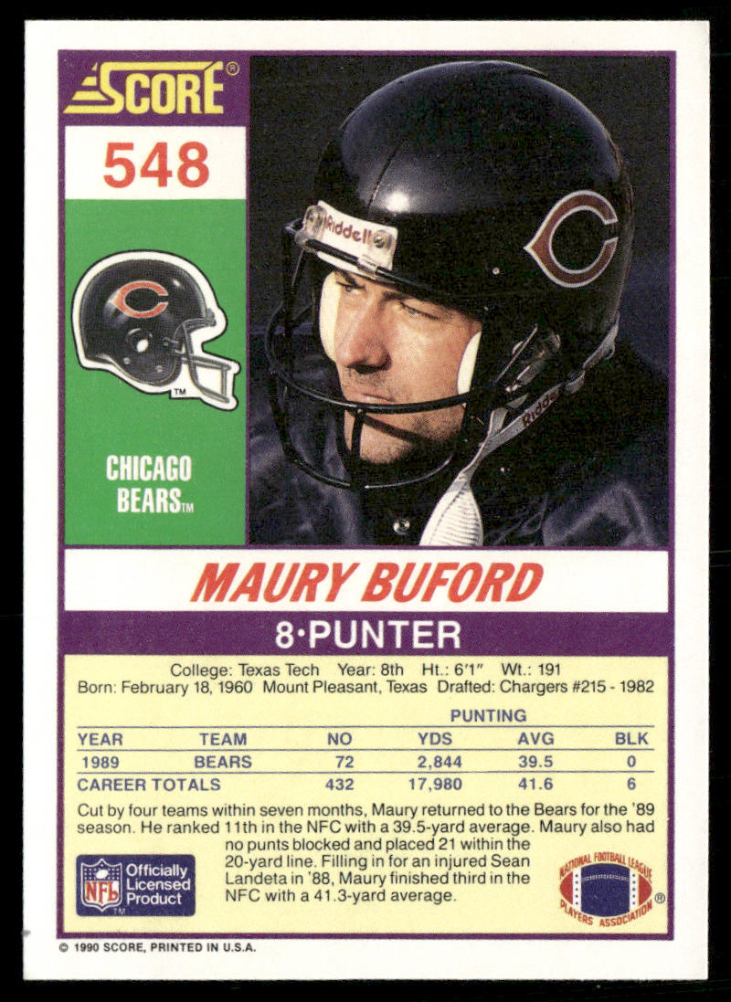 Maury Buford 1990 Score #548 Chicago Bears