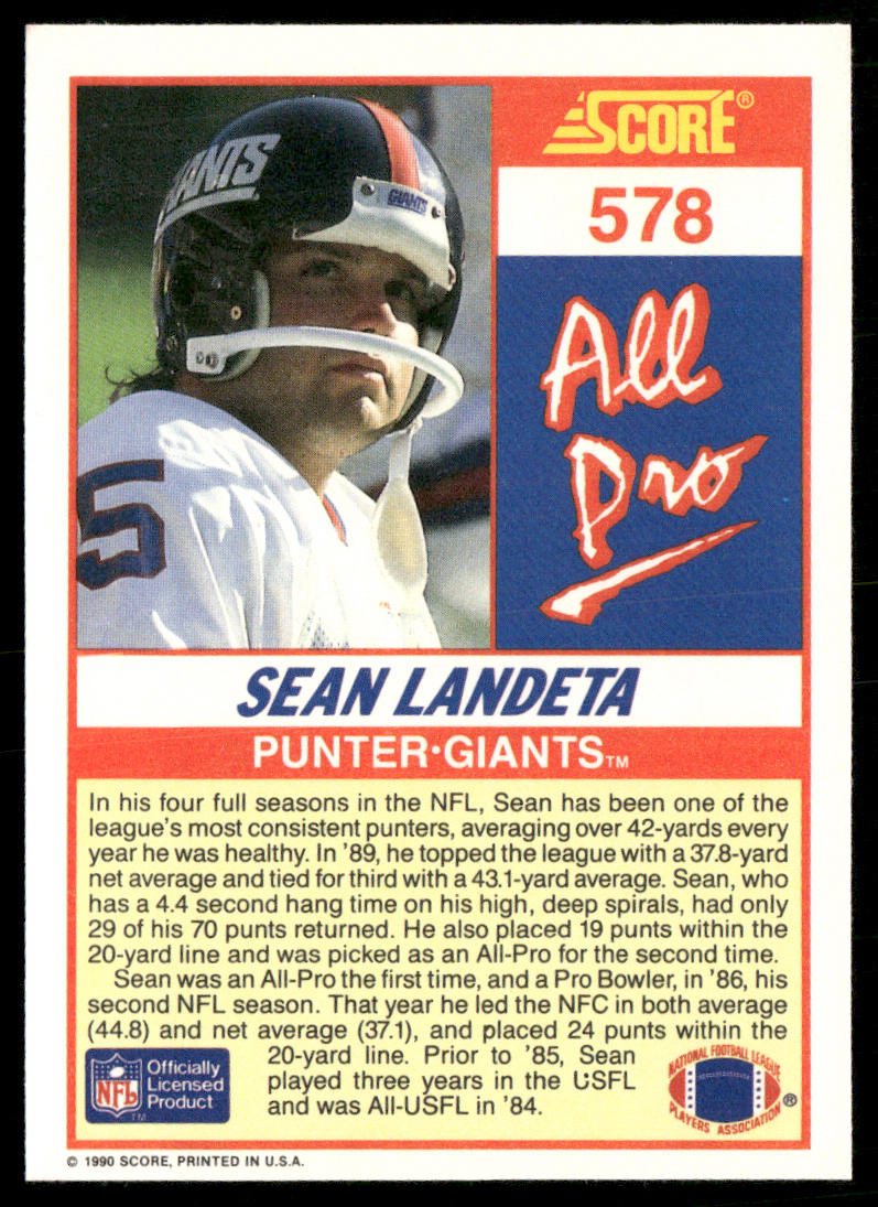 Sean Landeta 1990 Score #578 New York Giants