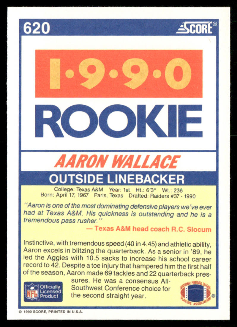 Aaron Wallace 1990 Score #620 RC Texas A&M Aggies