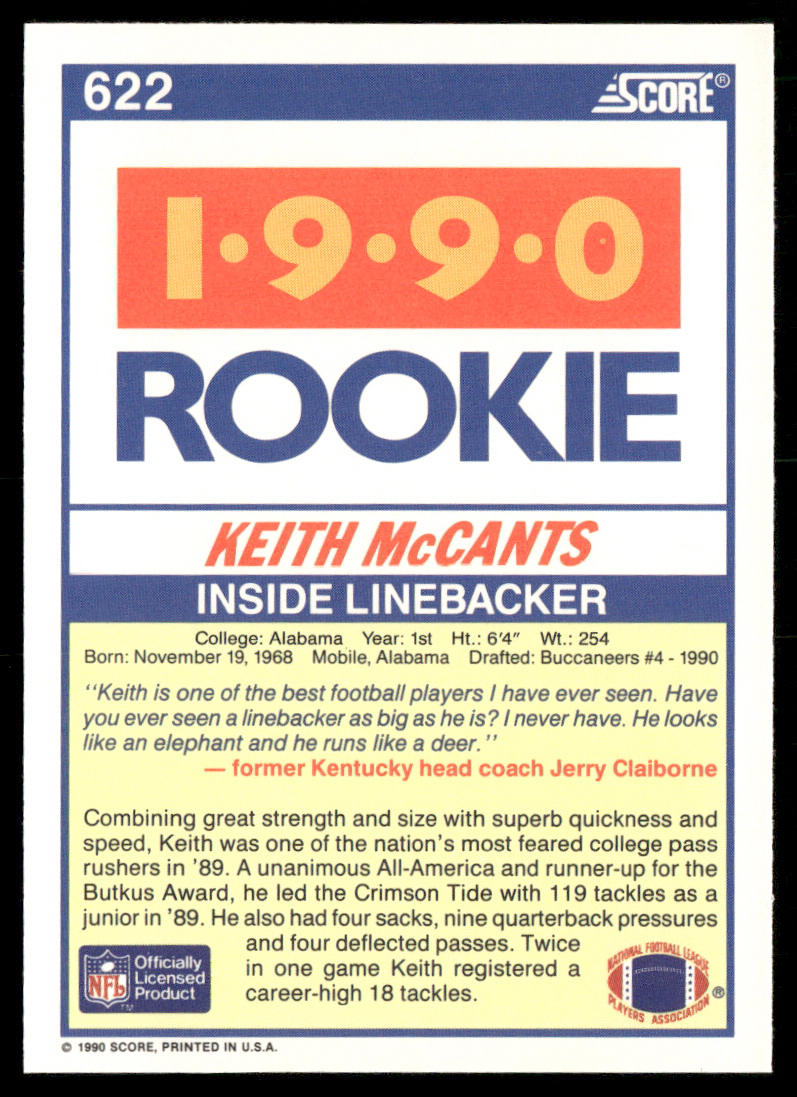 Keith McCants 1990 Score #622 RC Alabama Crimson Tide