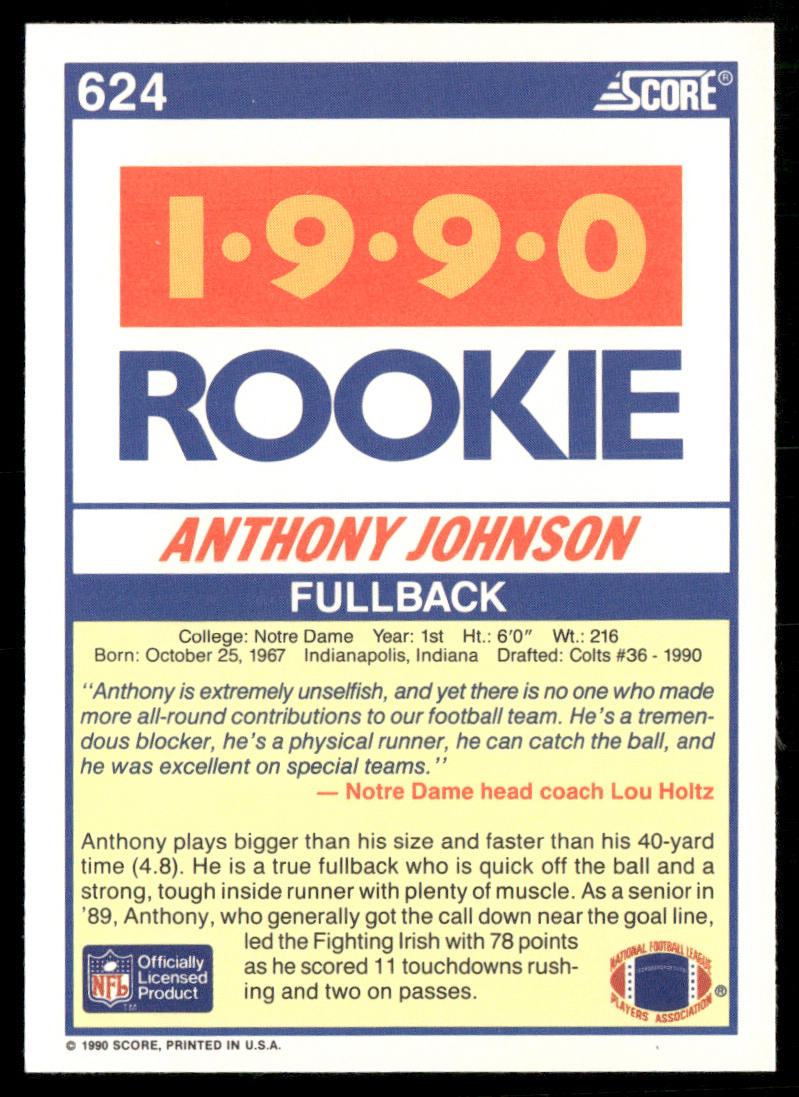 Anthony Johnson 1990 Score #624 RC Notre Dame Fighting Irish