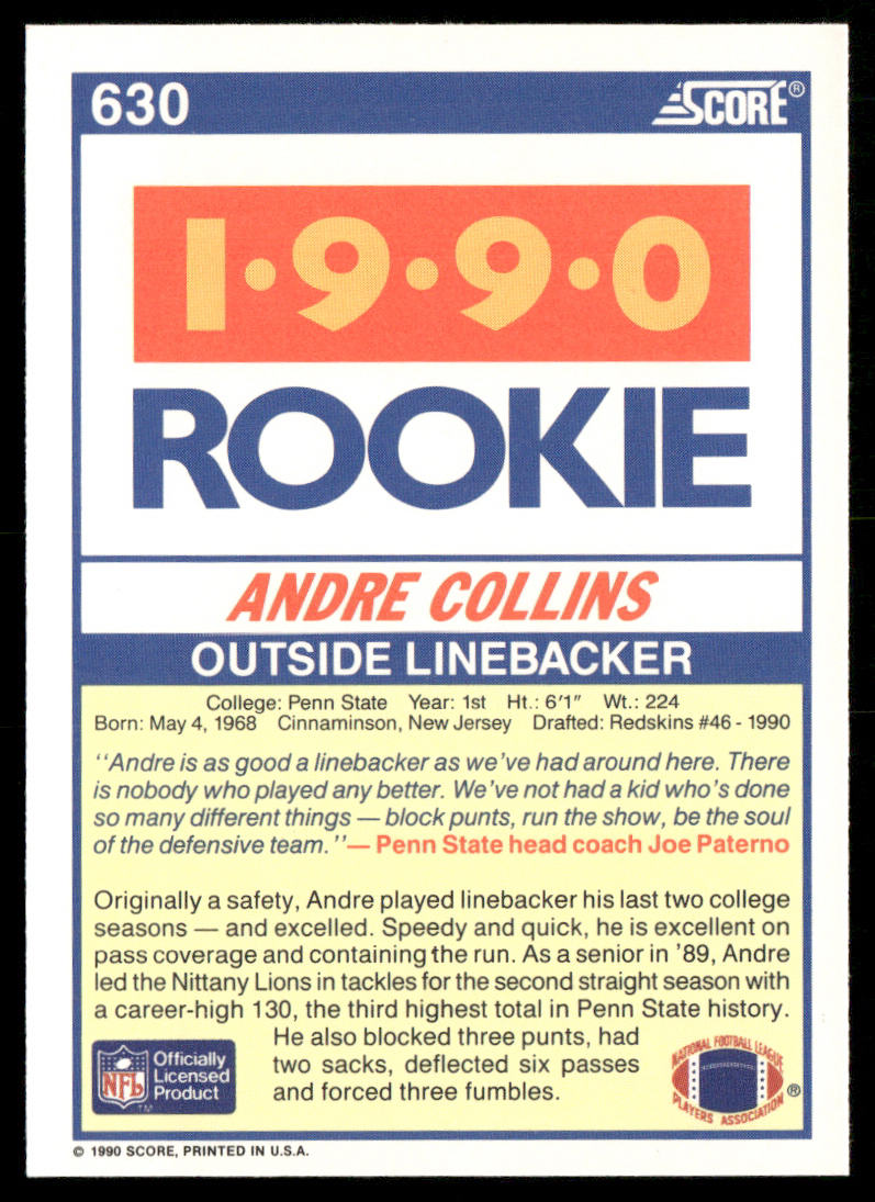 Andre Collins 1990 Score #630 RC Penn State Nittany Lions