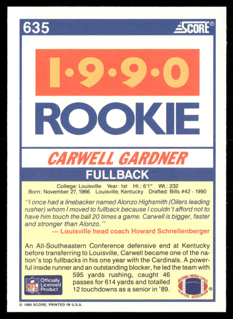 Carwell Gardner 1990 Score #635 RC Louisville Cardinals