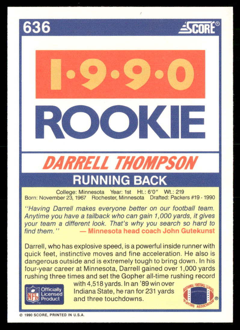 Darrell Thompson 1990 Score #636 RC Minnesota Golden Gophers