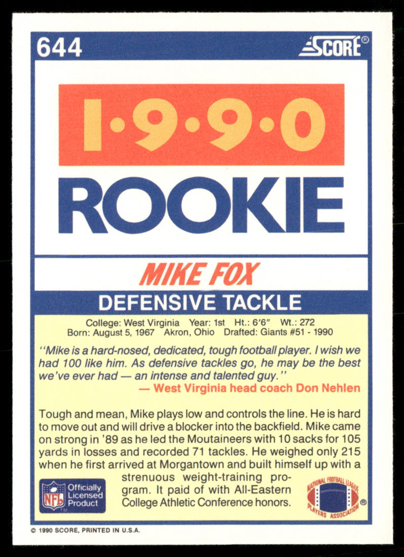 Mike Fox 1990 Score #644 RC West Virginia Mountaineers