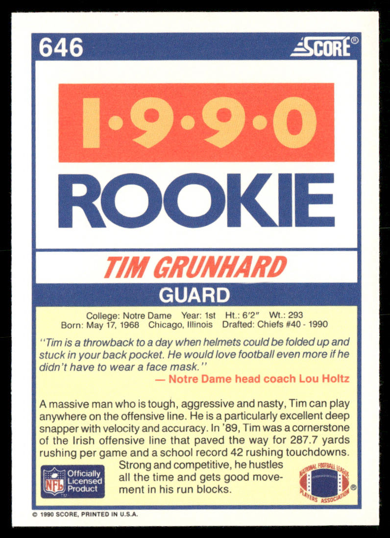 Tim Grunhard 1990 Score #646 RC Notre Dame Fighting Irish