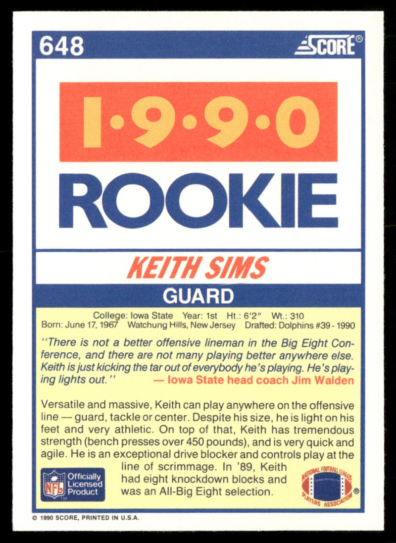 Keith Sims 1990 Score #648 RC Iowa State Cyclones