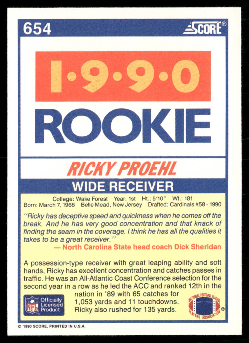 Ricky Proehl 1990 Score #654 RC Wake Forest Demon Deacons