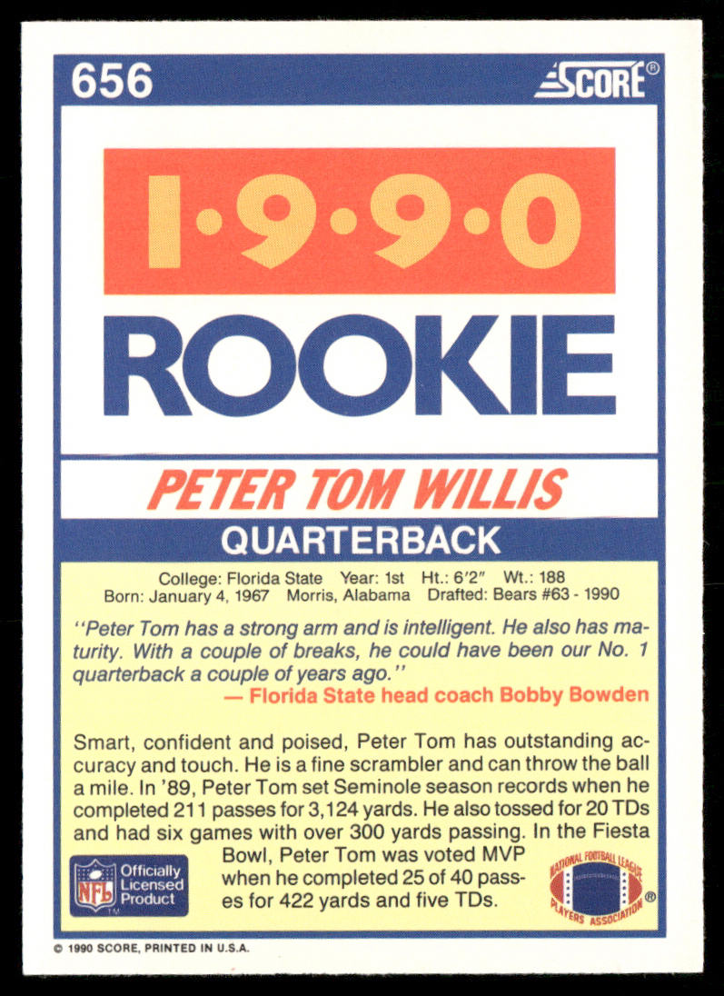 Peter Tom Willis 1990 Score #656 RC Florida State Seminoles