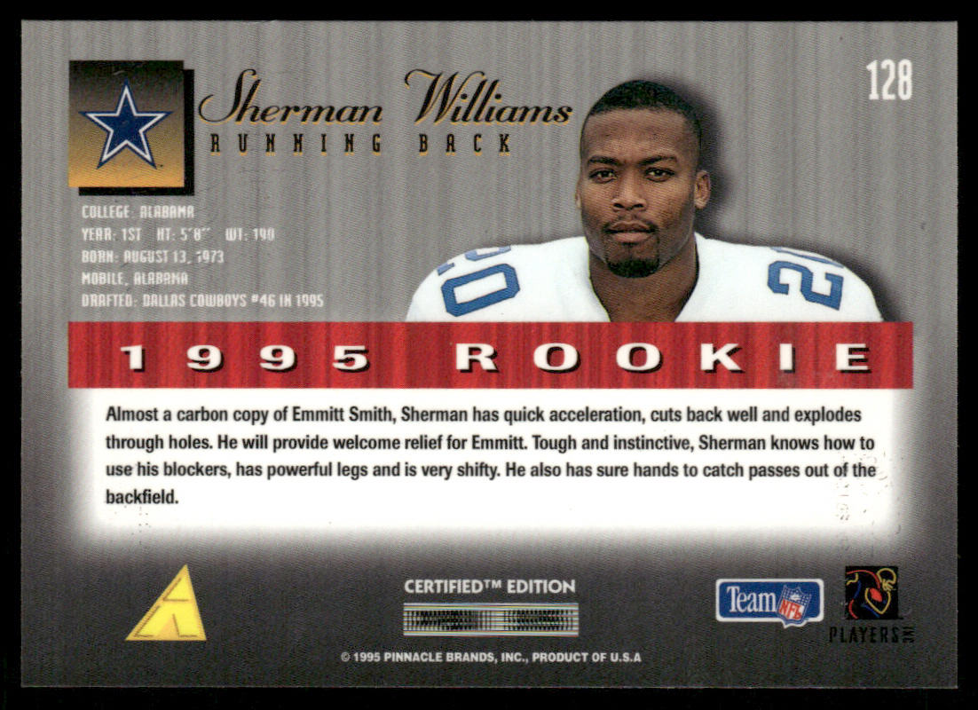 Sherman Williams 1995 Select Certified #128 RC Dallas Cowboys