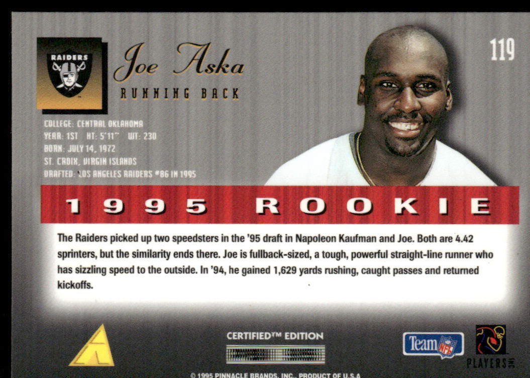 Joe Aska 1995 Select Certified #119 RC Oakland Raiders