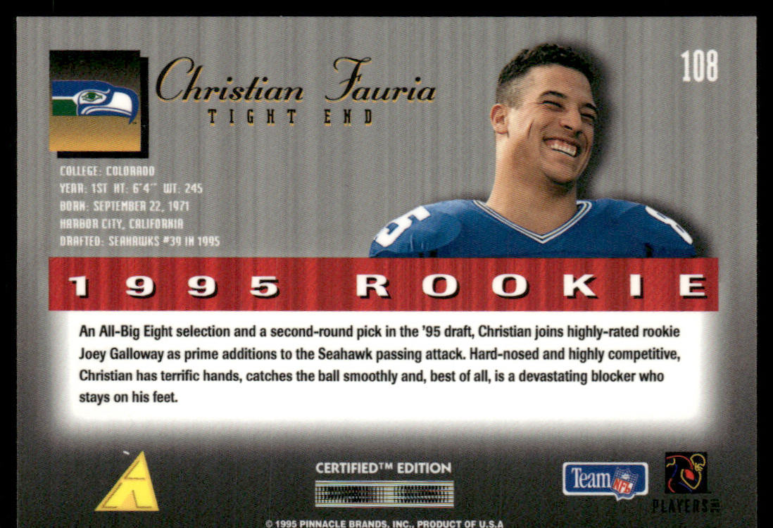 Christian Fauria 1995 Select Certified #108 RC Seattle Seahawks
