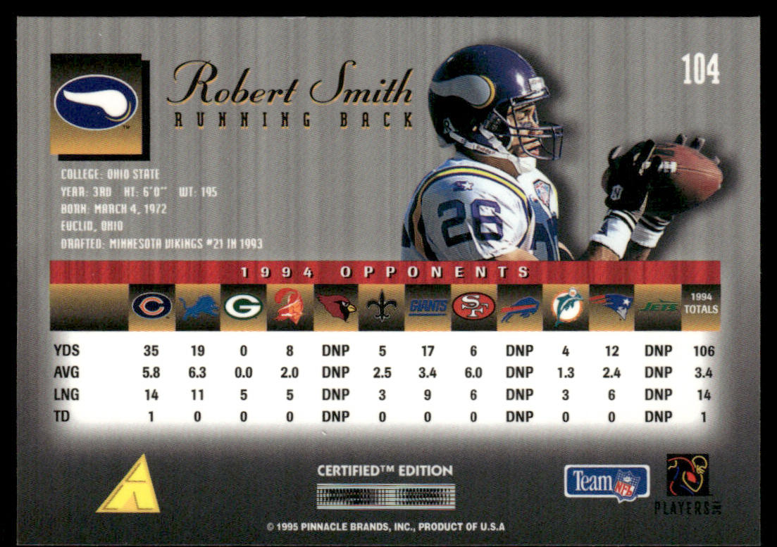 Robert Smith 1995 Select Certified #104 Minnesota Vikings
