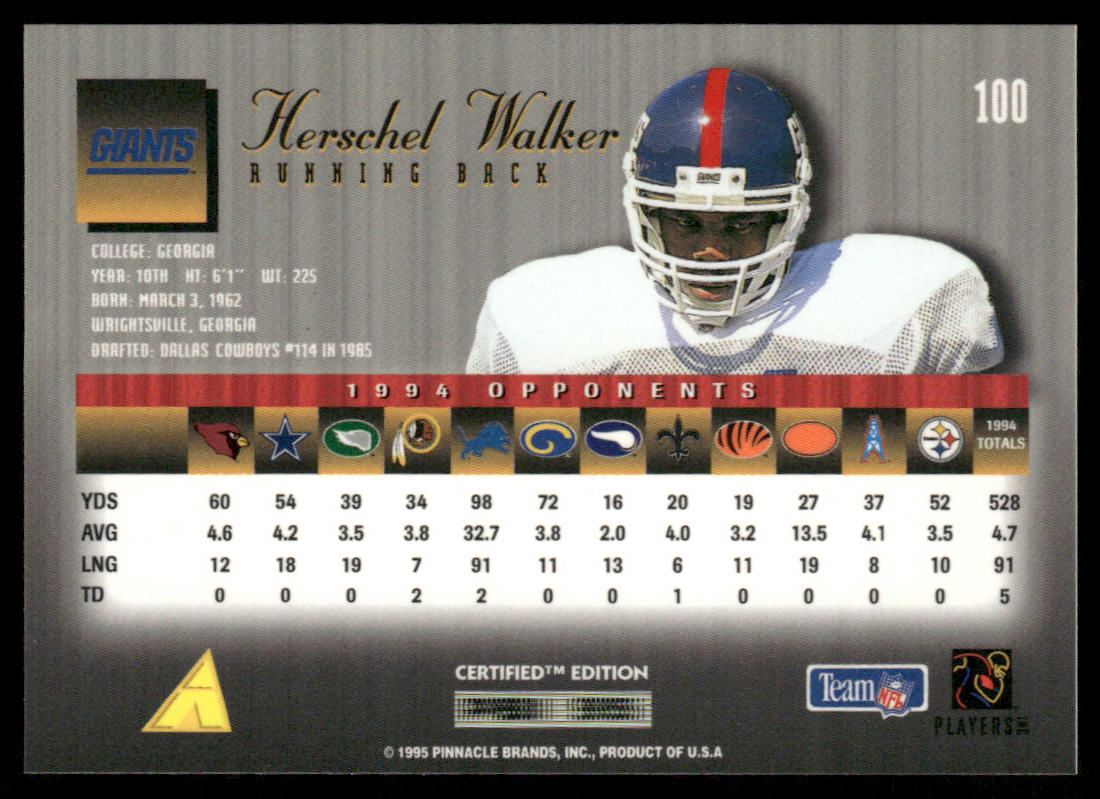 Herschel Walker 1995 Select Certified #100 New York Giants