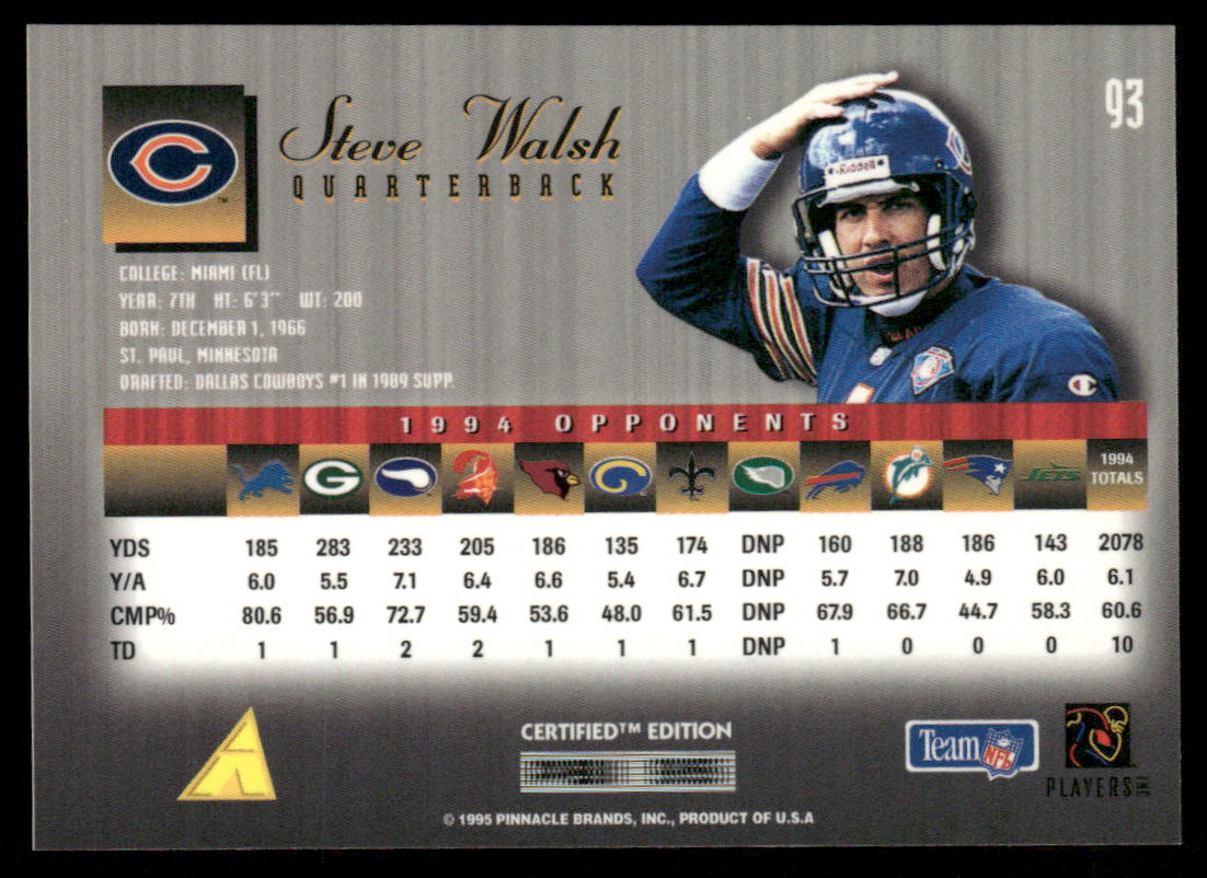 Steve Walsh 1995 Select Certified #93 Chicago Bears