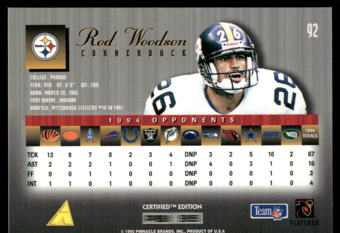 Rod Woodson 1995 Select Certified #92 Pittsburgh Steelers