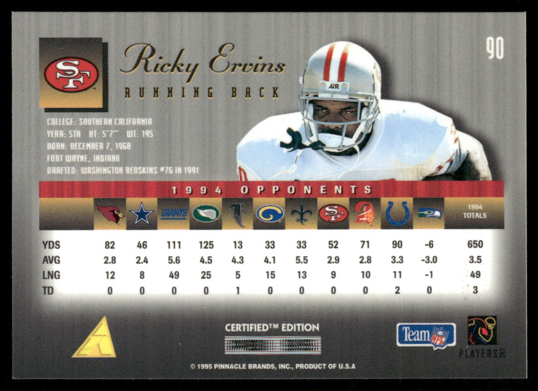 Ricky Ervins 1995 Select Certified #90 San Francisco 49ers
