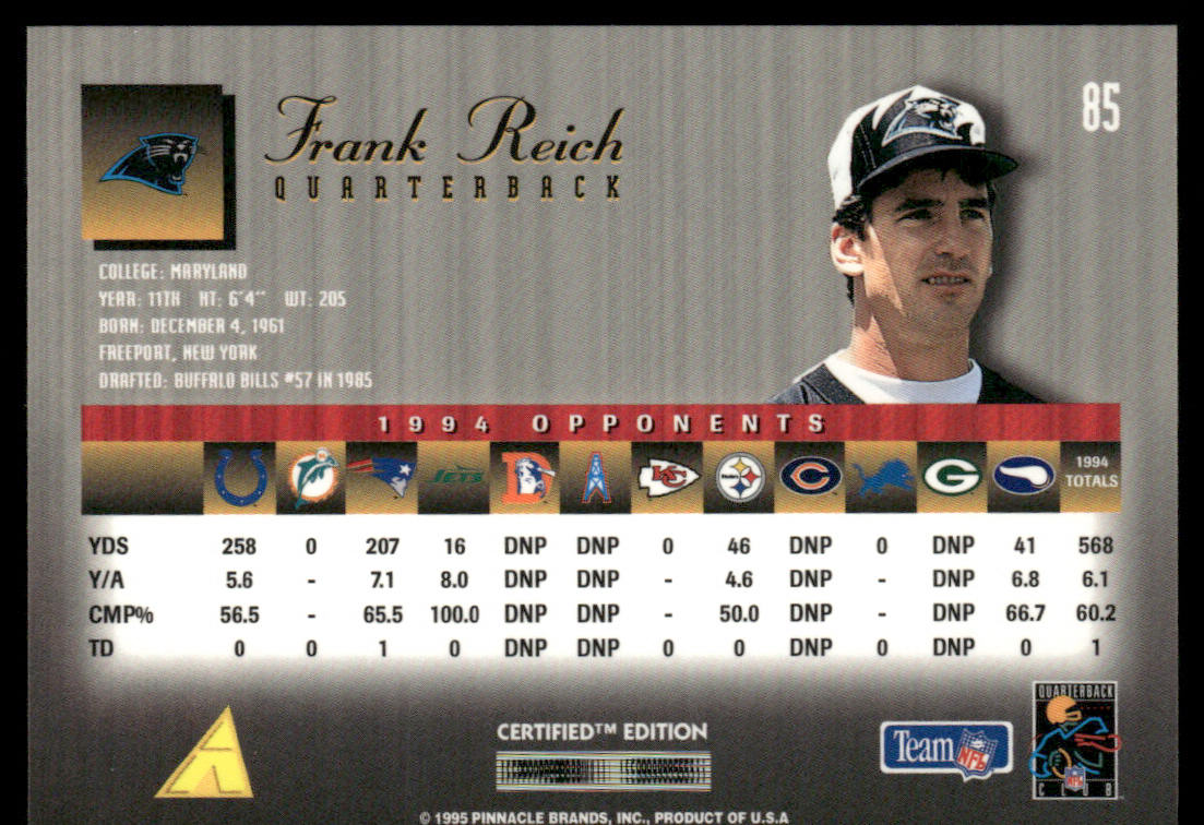 Frank Reich 1995 Select Certified #85 Carolina Panthers