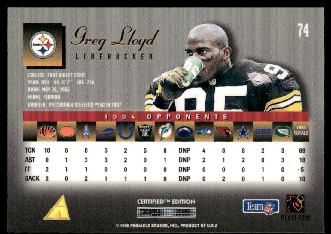 Greg Lloyd 1995 Select Certified #74 Pittsburgh Steelers