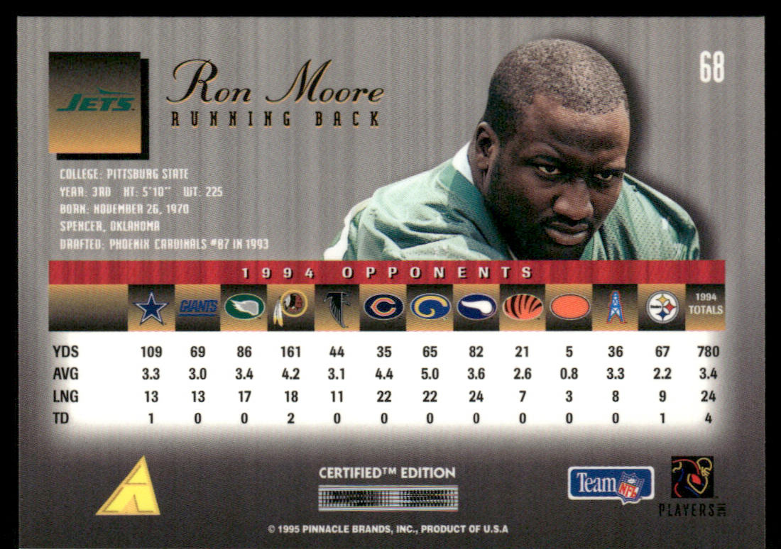 Ron Moore 1995 Select Certified #68 New York Jets
