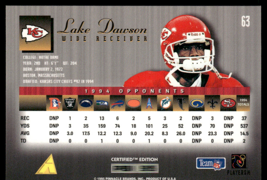 Lake Dawson 1995 Select Certified #63 Kansas City Chiefs