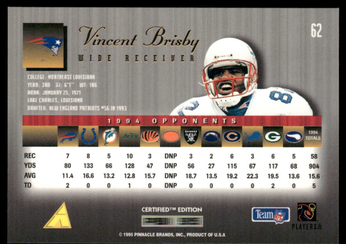 Vincent Brisby 1995 Select Certified #62 New England Patriots