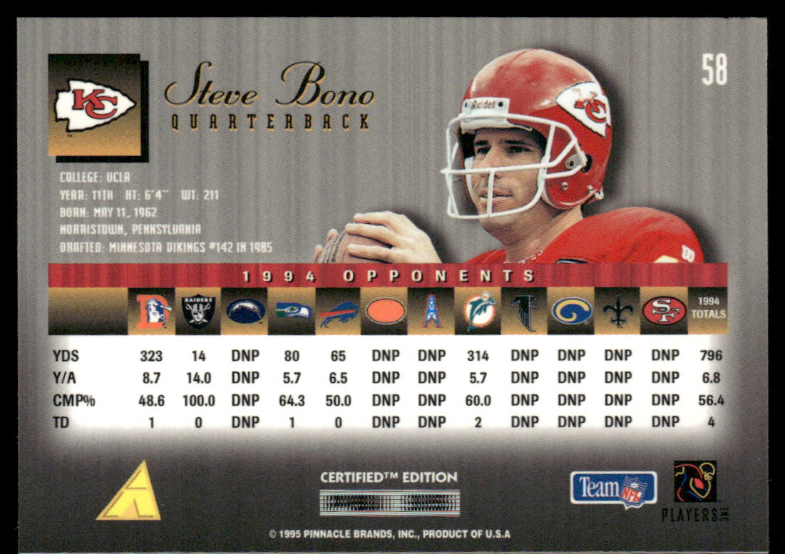 Steve Bono 1995 Select Certified #58 Kansas City Chiefs