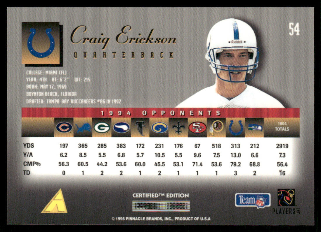 Craig Erickson 1995 Select Certified #54 Indianapolis Colts