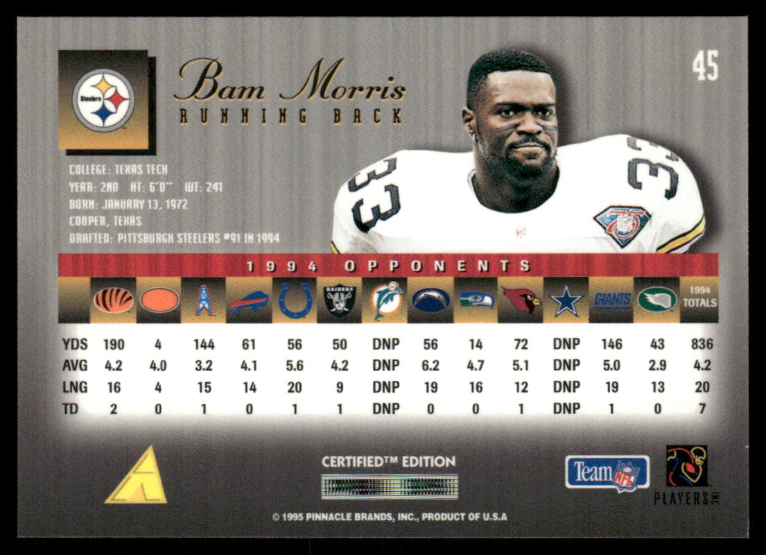 Bam Morris 1995 Select Certified #45 Pittsburgh Steelers