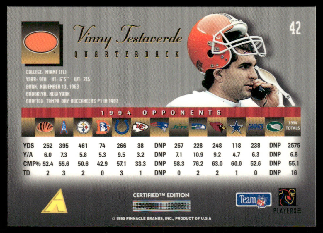 Vinny Testaverde 1995 Select Certified #42 Cleveland Browns