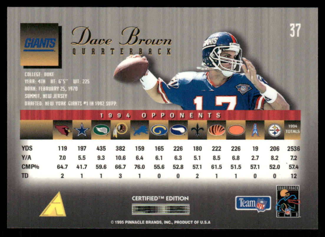 Dave Brown 1995 Select Certified #37 New York Giants