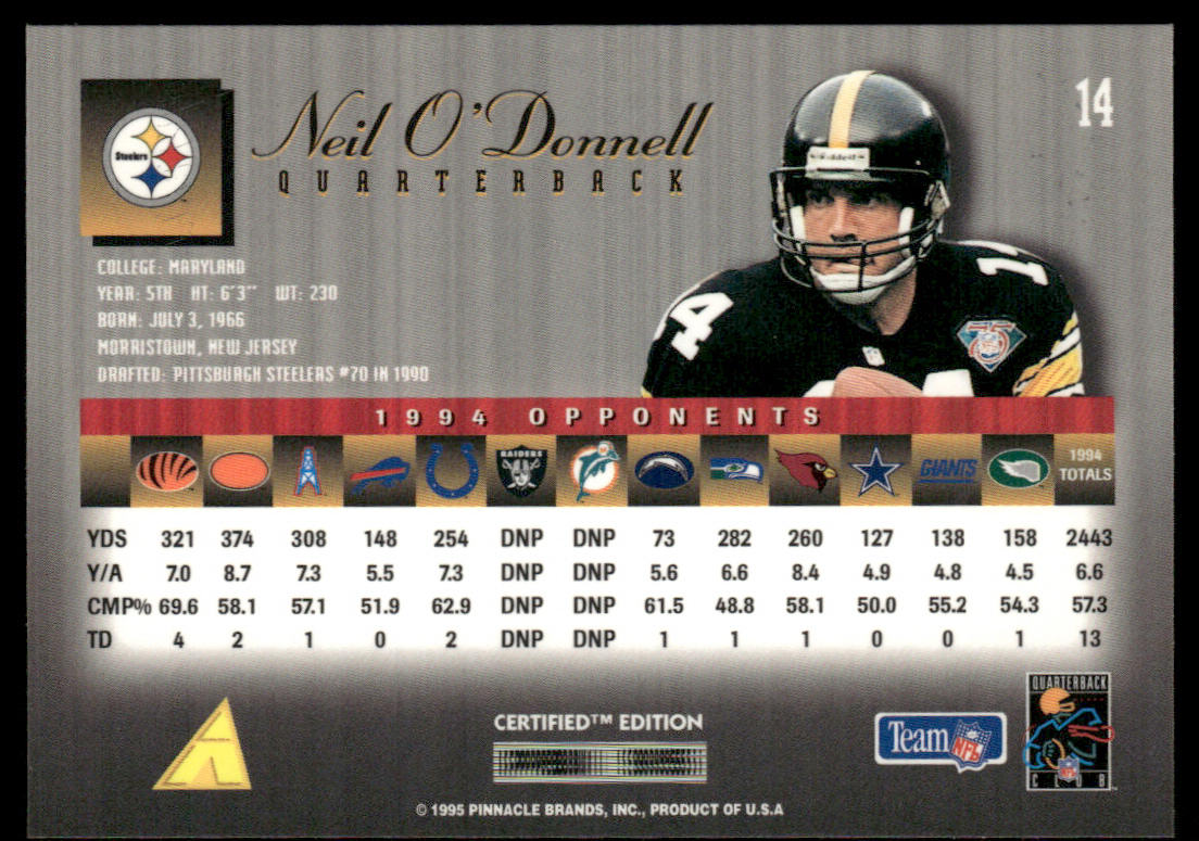 Neil O'Donnell 1995 Select Certified #14 Pittsburgh Steelers
