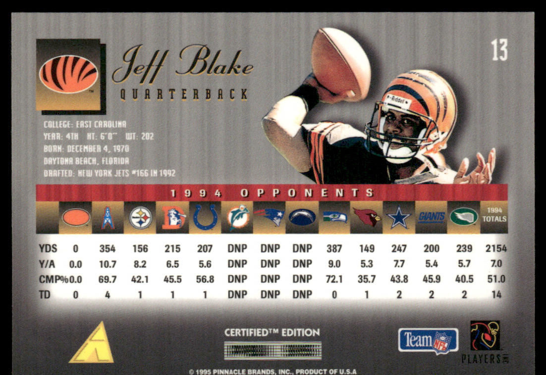 Jeff Blake 1995 Select Certified #13 RC Cincinnati Bengals