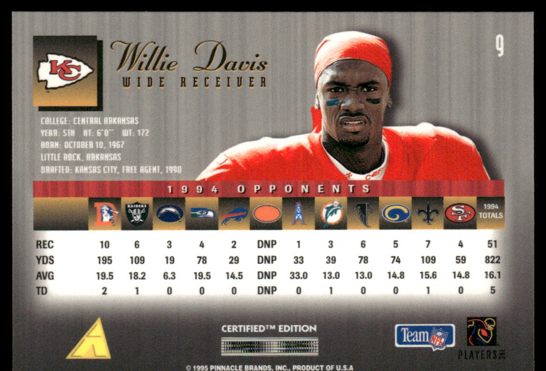 Willie Davis 1995 Select Certified #9 Kansas City Chiefs