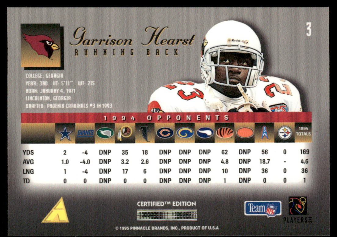 Garrison Hearst 1995 Select Certified #3 Arizona Cardinals