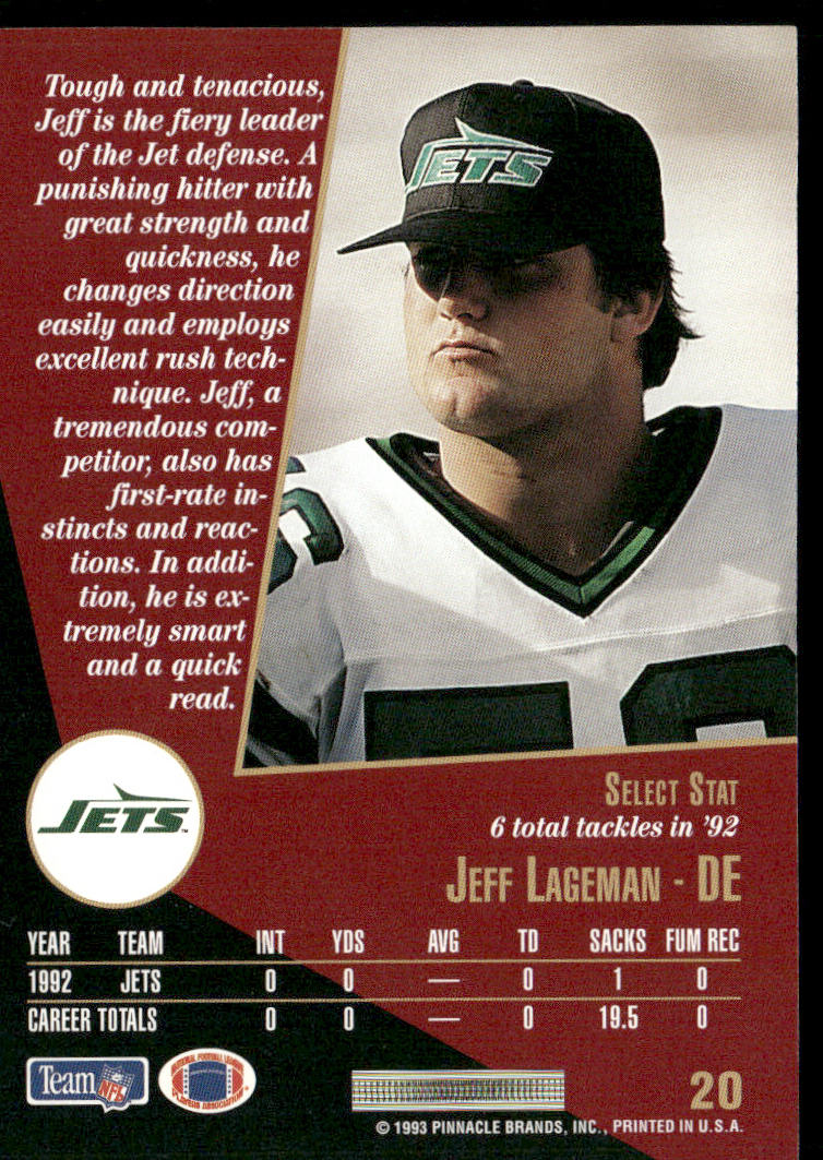 Jeff Lageman 1993 Select #20 New York Jets