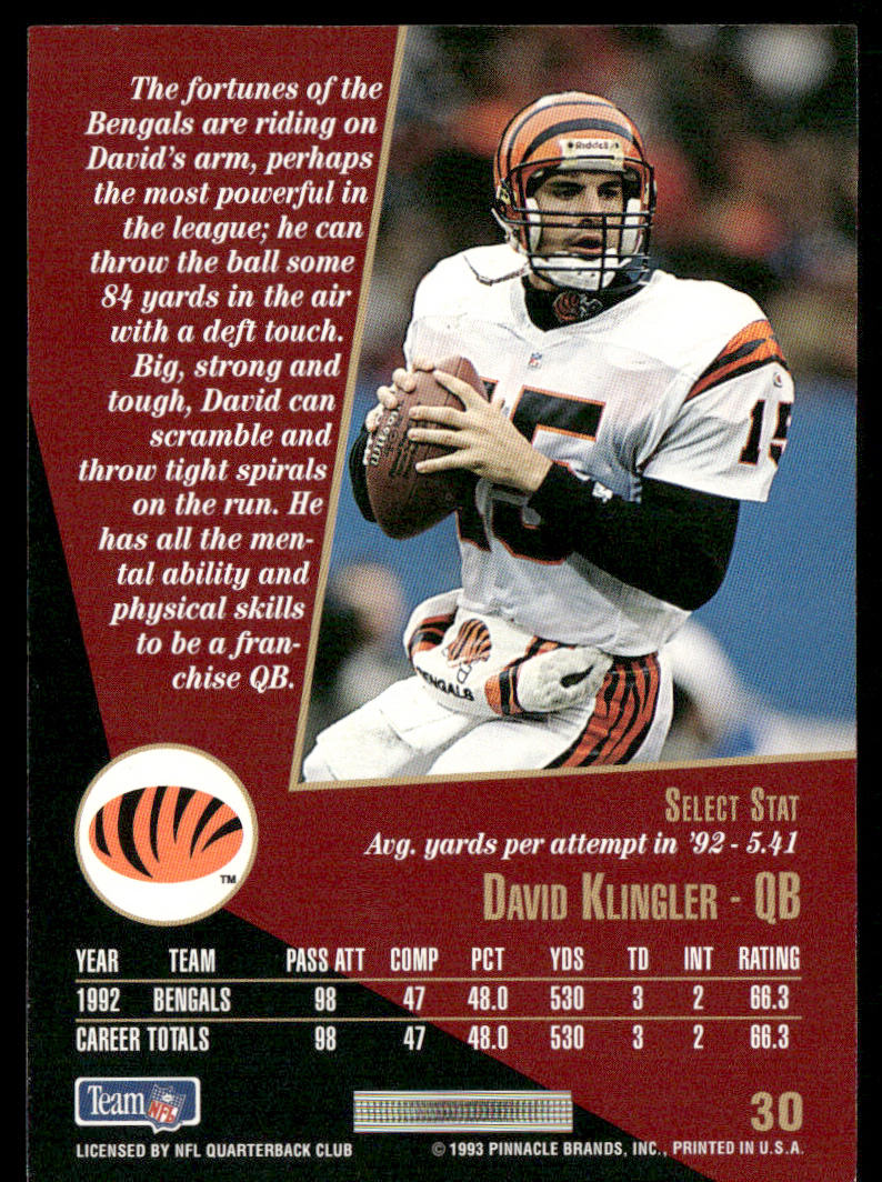 David Klingler 1993 Select #30 Cincinnati Bengals
