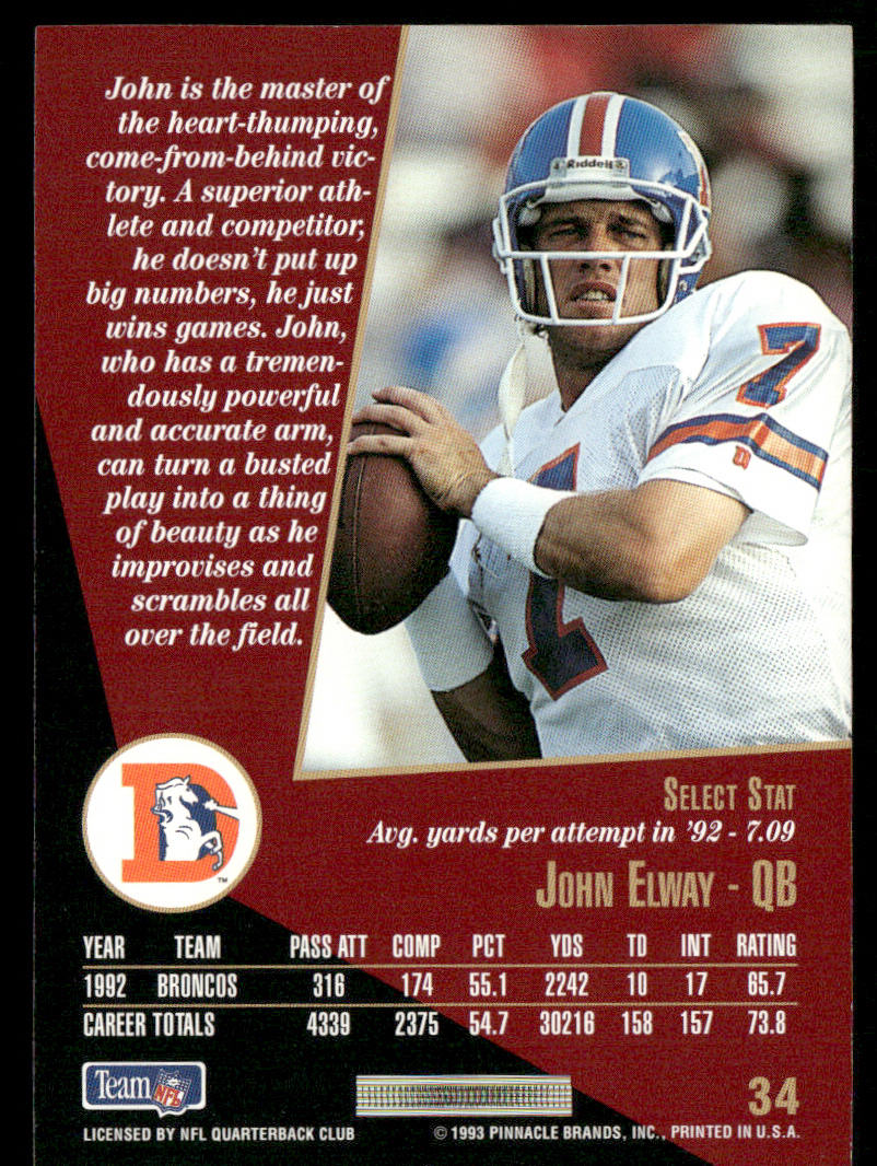 John Elway 1993 Select #34 Denver Broncos